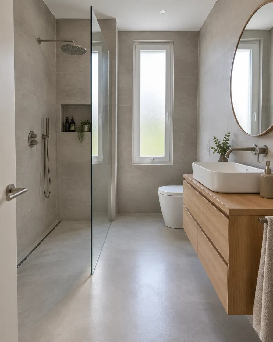Baño con ducha de obra, mampara fija y mueble de roble