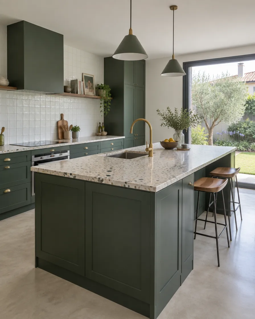 Cocina verde con isla de terrazo y lámparas colgantes, de la web de ejemplo