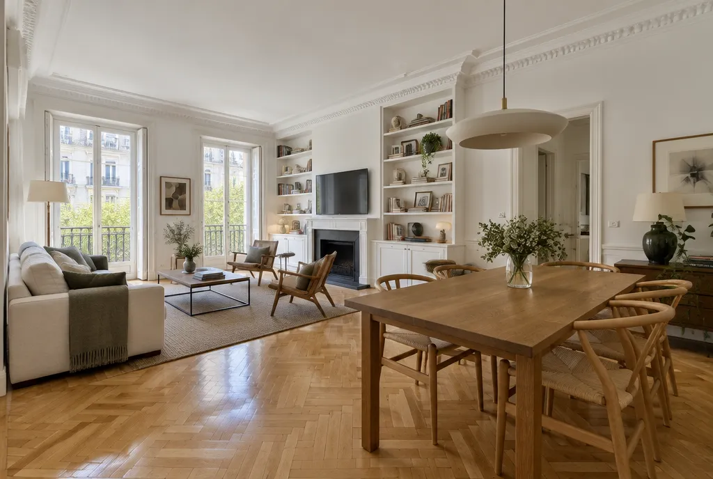 Salón comedor con parquet en espiga restaurado y estanterías de obra